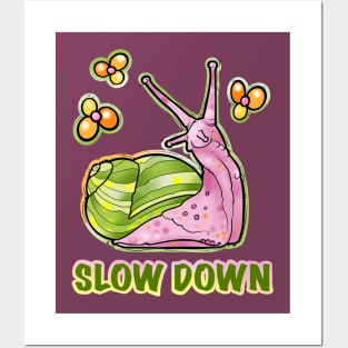 Slow down, cute snail stopping to smell the flowers Posters and Art